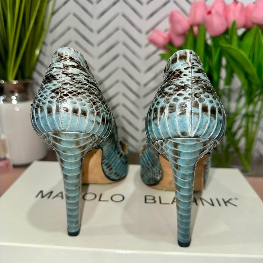 Manolo Blahnik Teal Snake-Print Open-Toe Stiletto Heels - Picture 2 of 10
